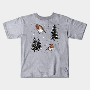 Robin and Snow Covered Trees Pattern Digital Illustration Kids T-Shirt